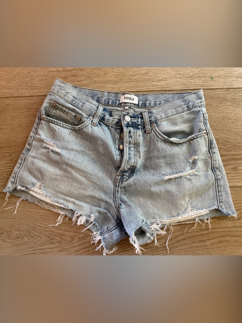 pistola Light Washed Blue Distressed Denim Cutoff Shorts